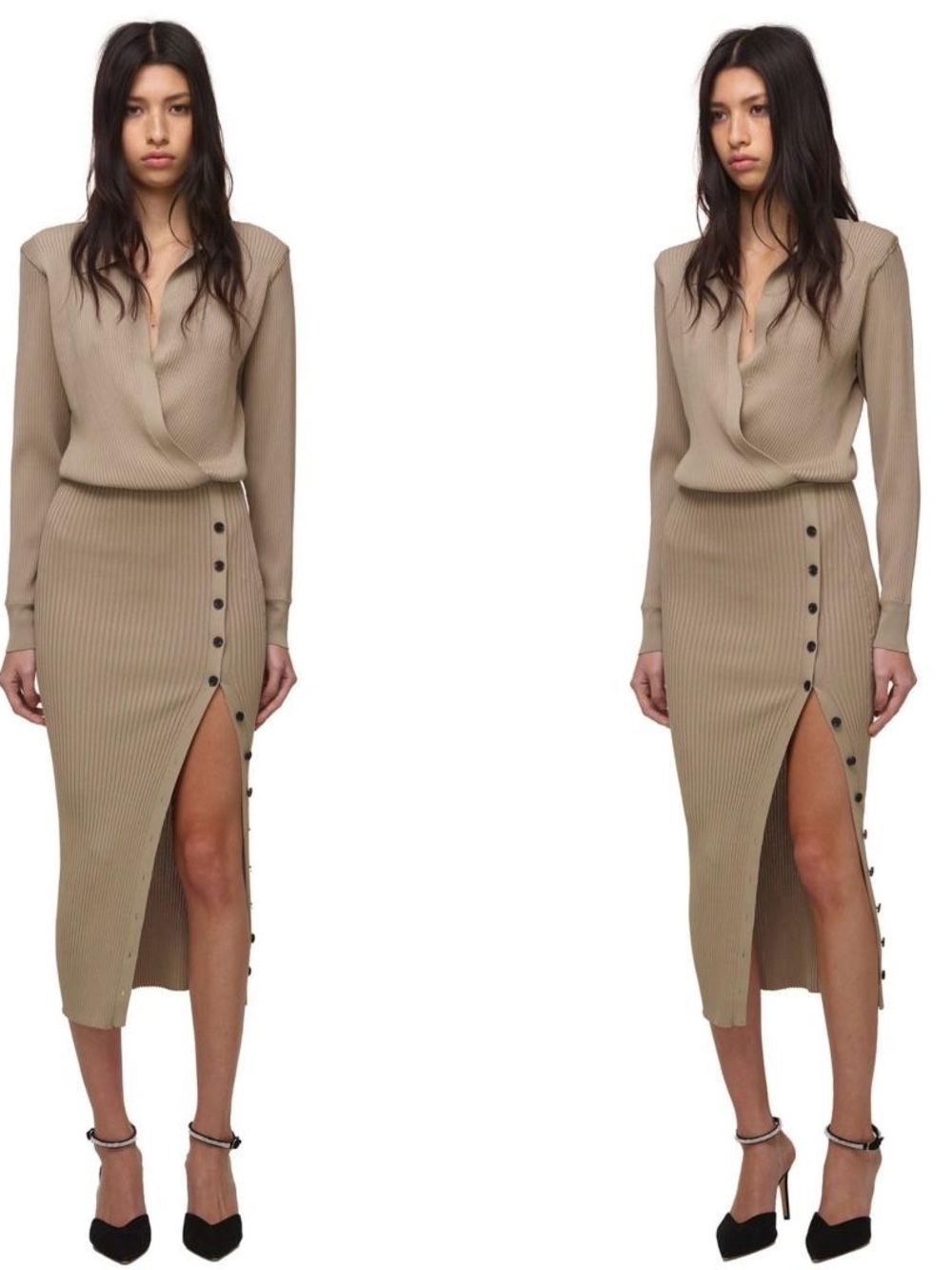 Self-Portrait Beige Ribbed Midi Dress with Side Button Slit in Mushroom NWT